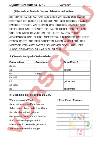 Arbeitsblatt: Grammatik Rept. 4. Klasse - Deutsch - Grammatik