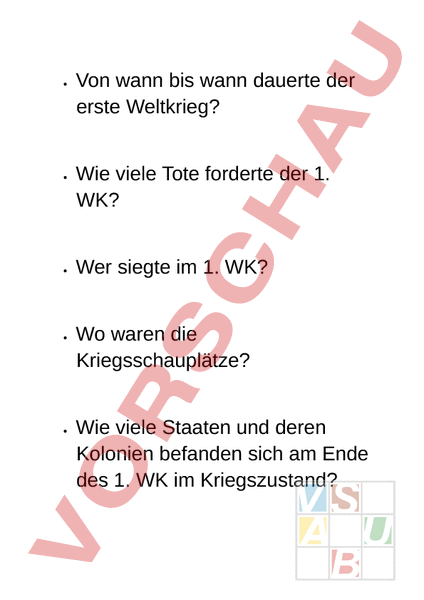 Arbeitsblatt: Fragen zu 1. Weltkrieg - Geschichte - Anderes Thema