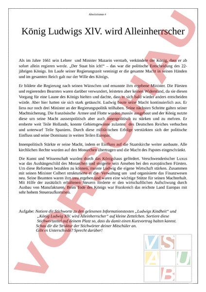 Arbeitsblatt: Absolutismus - Geschichte - Neuzeit