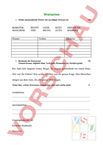 Arbeitsblatt: Wortarten Test - Deutsch - Grammatik