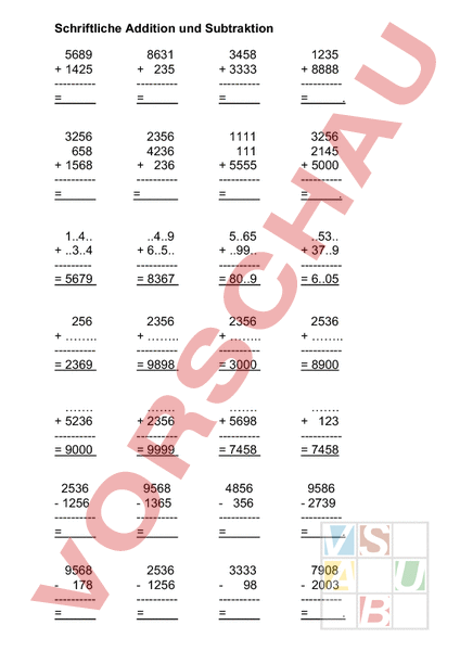 Arbeitsblatt: schriftlich plus und minus - Mathematik - Repetition