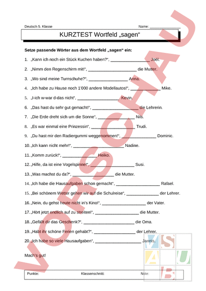 Arbeitsblatt: Kurztest Wortfeld sagen - Deutsch - Wortschatz