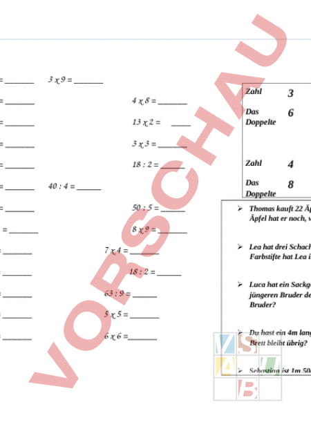 Arbeitsblatt: Kopfrechnen 3.Klasse - Mathematik - Algebra