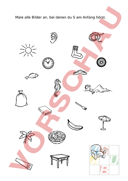 Arbeitsblatt: Bilder mit dem Anlaut S finden - Deutsch - Erstlesen