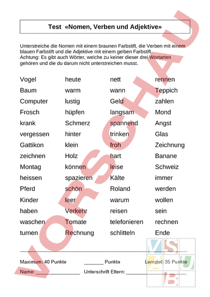 Arbeitsblatt: Test Wortarten - Deutsch - Grammatik