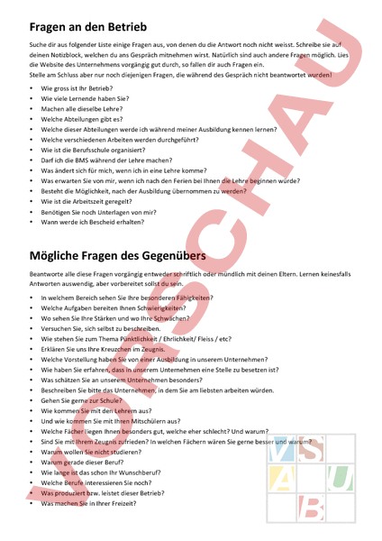 Arbeitsblatt: Fragen Vorstellungsgespräch - Lebenskunde - Berufswahl