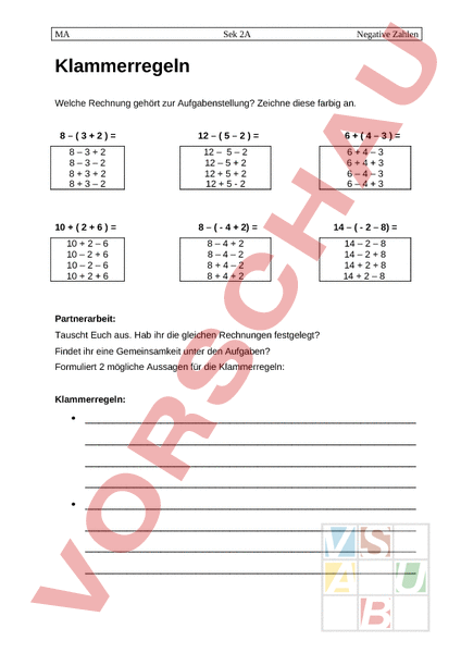 Arbeitsblatt: Klammerregeln - Mathematik - Algebra
