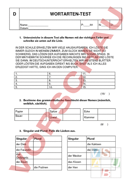 Arbeitsblatt: Wortarten-Test - Deutsch - Grammatik