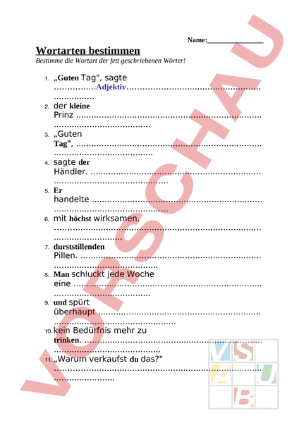 Arbeitsblatt: Test: Wortarten - Deutsch - Grammatik