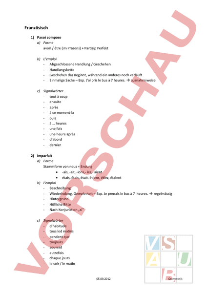 Arbeitsblatt Passe Compose Imparfait Franzosisch Grammatik