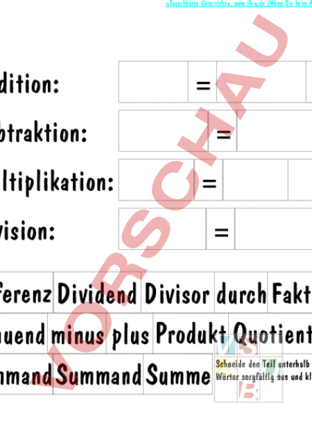 Arbeitsblatt: Grundrechenarten Begriffe - Mathematik - Gemischte Themen