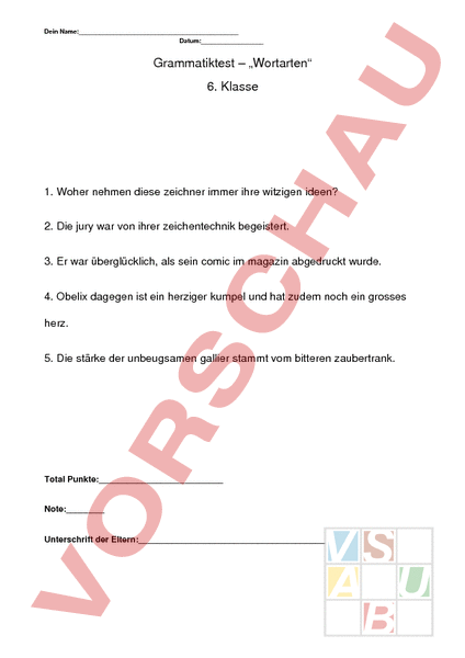 Arbeitsblatt: Wortarten_Test_6. Klasse - Deutsch - Grammatik