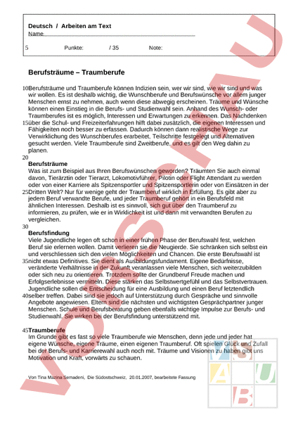 Arbeitsblatt: Textverständnis - Deutsch - Textverständnis