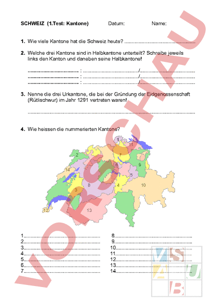 Arbeitsblatt: SCHWEIZ 1.Test: Kantone - Geographie - Schweiz