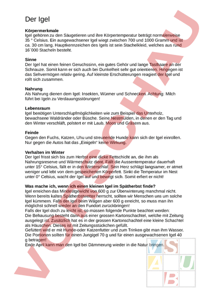 Arbeitsblatt: Der Igel - Biologie - Tiere