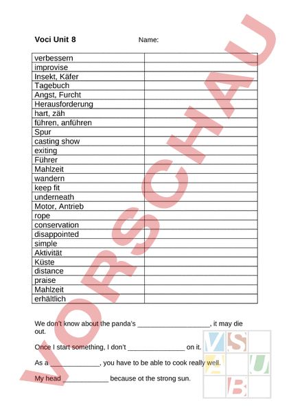 Arbeitsblatt: Vocabulary Unit 8 - Englisch - Wortschatz