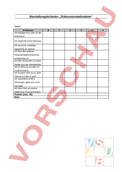 Arbeitsblatt: Beurteilungskriterien Diskussionsteilnahme - Deutsch ...