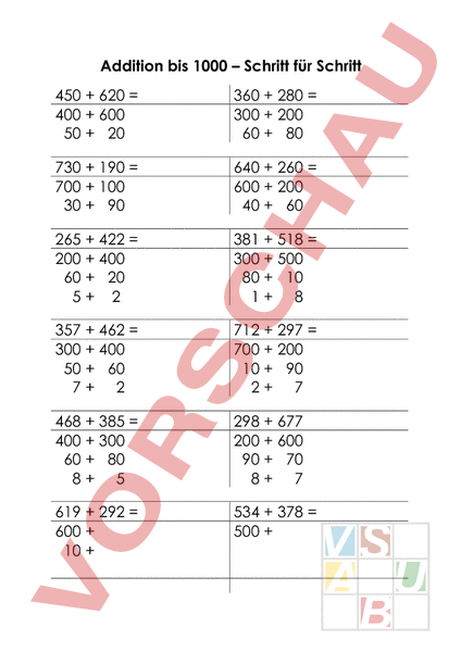 Arbeitsblatt: Addition bis 1000 - Schritt für Schritt - Mathematik