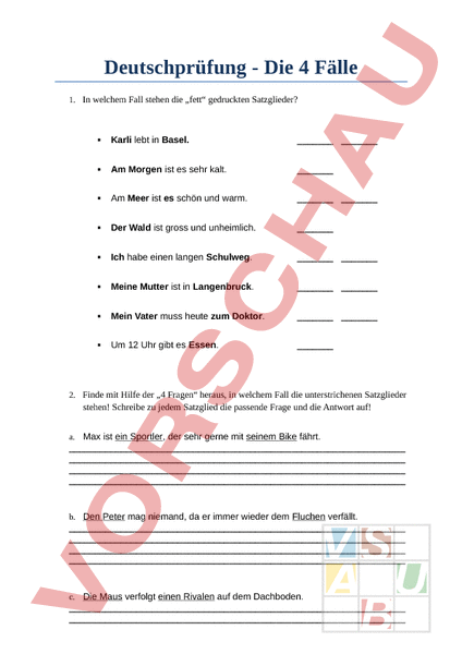 Arbeitsblatt: Test 4 Fälle - Deutsch - Grammatik