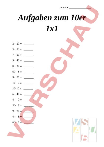 Arbeitsblatt: 10er 1x1 - Mathematik - Multiplikation