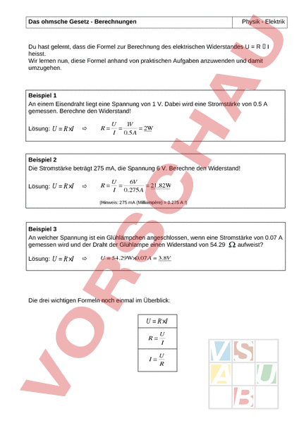 Spannung, Stromstärke und Widerstand - Infotext und Übungen –  Unterrichtsmaterial im Fach Physik