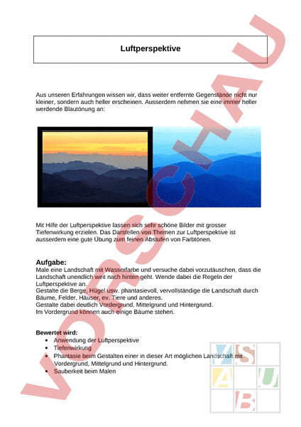 Arbeitsblatt Luftperspektive Auftrag Mit Bewertungsbogen Bildnerisches Gestalten Farbe