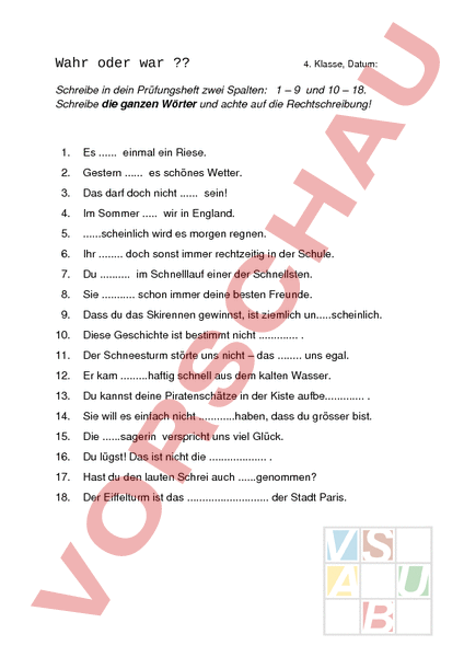 Arbeitsblatt: Wahr Oder War - Test - Deutsch - Rechtschreibung
