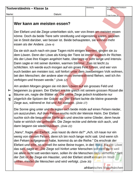 Arbeitsblatt: Leseverständnis (Test) - Deutsch - Textverständnis