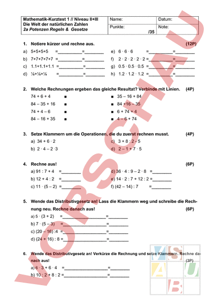 Arbeitsblatt: Test Mathematik 1, Kapitel 2a - Mathematik - Multiplikation