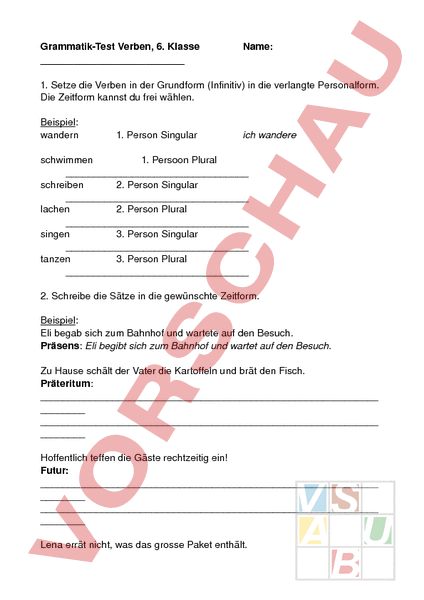 Arbeitsblatt: Grammatiktest Verben 6. Klasse - Deutsch - Grammatik