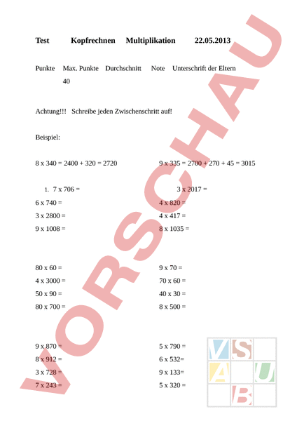 Arbeitsblatt: Kopfrechnen Multiplikation 4. Klasse Test - Mathematik