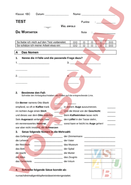 Arbeitsblatt: Wortarten- TEST - Deutsch - Grammatik