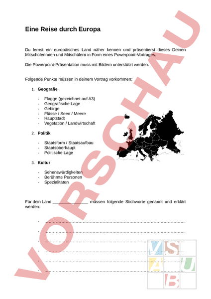 Arbeitsblatt: Eine Reise durch Europa - Geographie - Europa