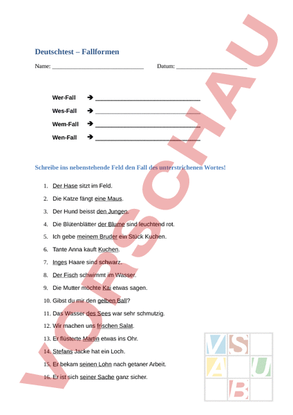 Arbeitsblatt: Fallformen Test - Deutsch - Grammatik