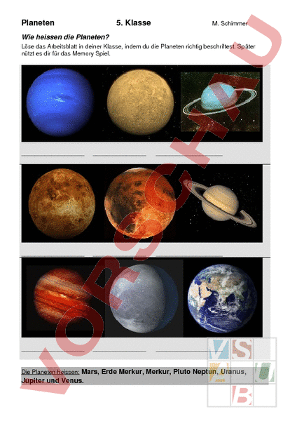 Arbeitsblatt: Arbeitblatt Planeten - Physik - Astronomie