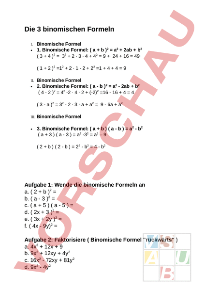 Arbeitsblatt 3 Binomische Formeln Mathematik Algebra