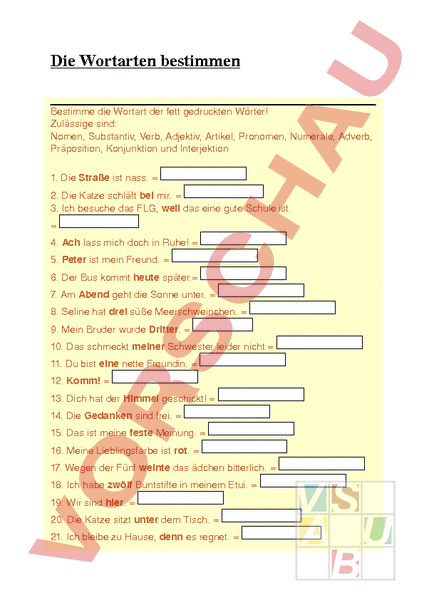 Arbeitsblatt: Wortarten bestimmen - Deutsch - Anderes Thema
