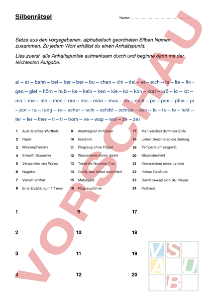 Arbeitsblatt: Silbenrätsel - Deutsch - Grammatik
