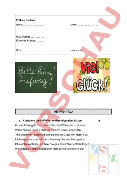 Arbeitsblatt: Prüfung 4 Fälle - Deutsch - Grammatik