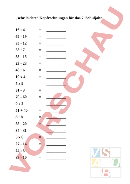 Arbeitsblatt: 1. Kopfrechnen 7.Schuljahr - Mathematik - Repetition