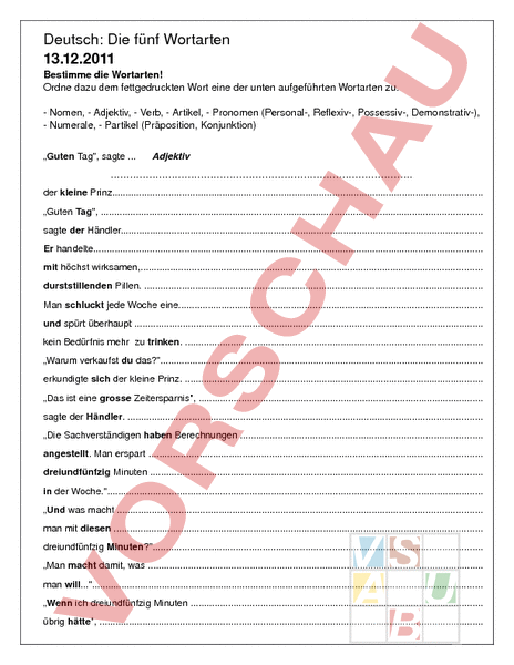 Arbeitsblatt: Arbeitsblatt Wortarten - Deutsch - Grammatik