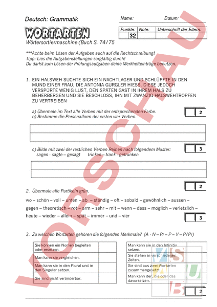 Arbeitsblatt: Test Wortarten - Deutsch - Grammatik