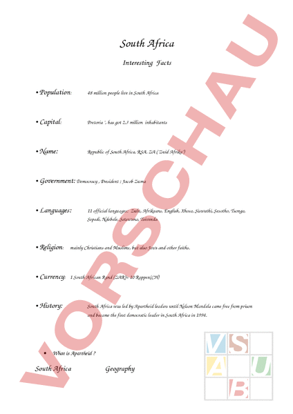 Arbeitsblatt: South Africa facts - Englisch - Texte schreiben