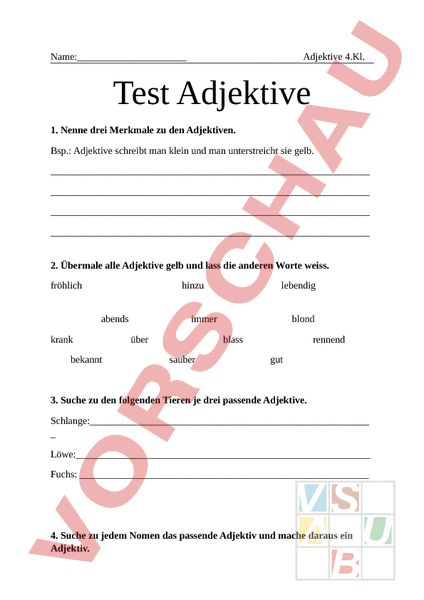 Arbeitsblatt: Adjektive Test - Deutsch - Grammatik