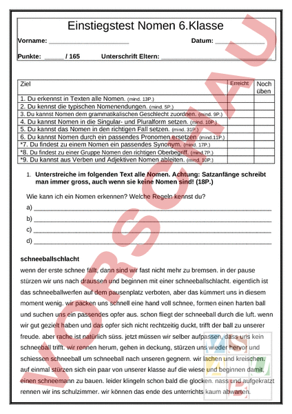 Arbeitsblatt: Nomen: Einstiegstest 6.Klasse - Deutsch - Grammatik