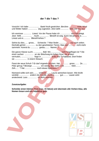 Arbeitsblatt: Artikel, 7. Klasse - Deutsch - Grammatik