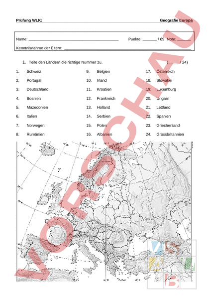 Arbeitsblatt: Prüfung Geografie Europa - Geographie - Europa