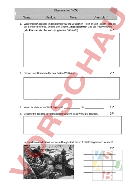 Arbeitsblatt: Klassenarbeit 1. Weltkrieg & Nachkriegszeit - Geschichte