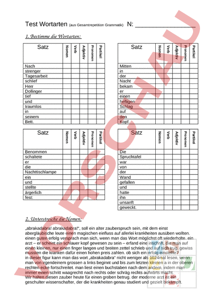 Arbeitsblatt: Wortarten Test - Deutsch - Grammatik