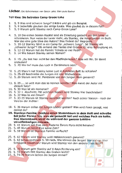 Arbeitsblatt: Frageblatt zum Buch Löcher - Deutsch - Textverständnis